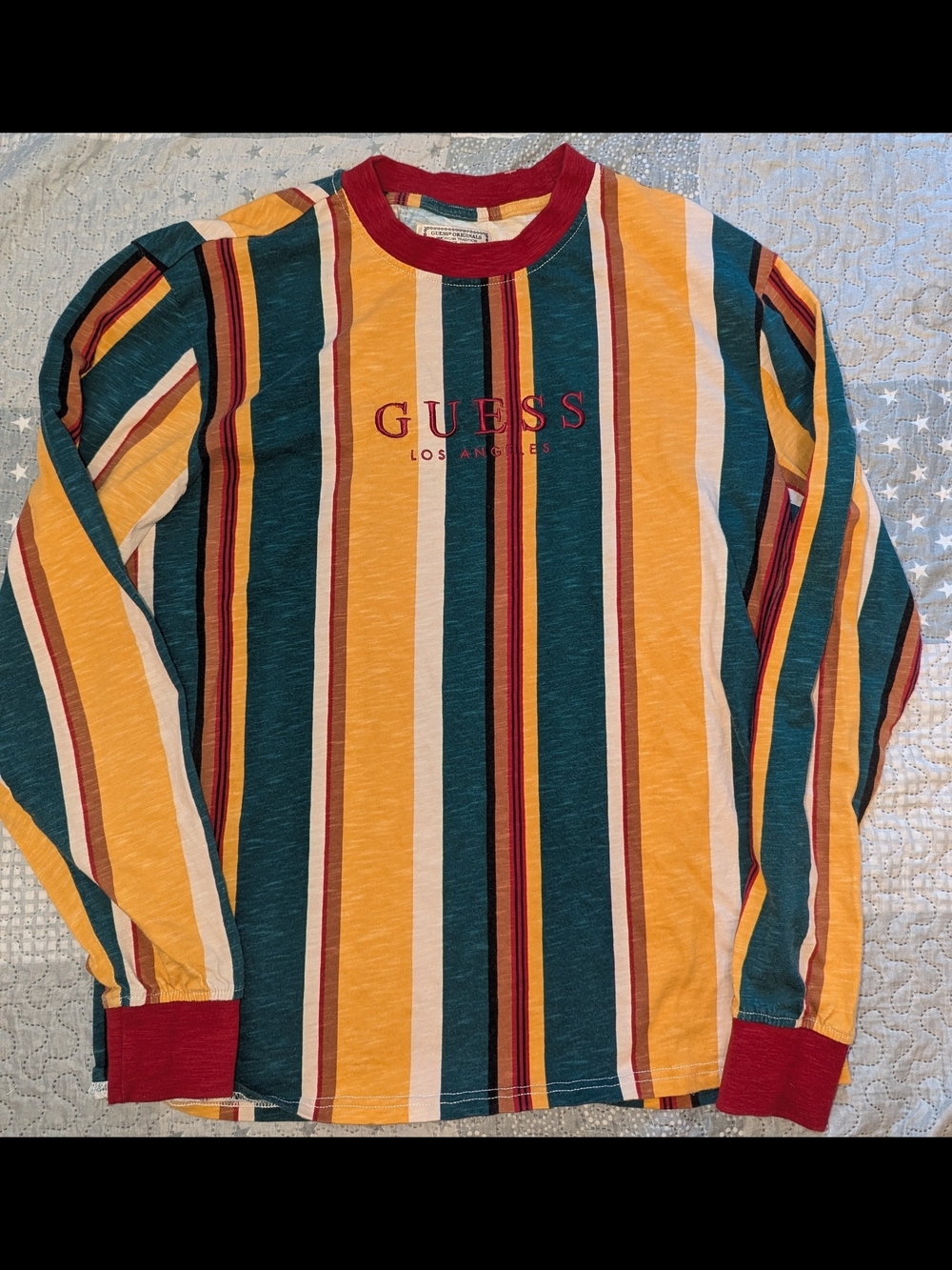 GUESS Men’s Multicolor Vertical Stripe Long Sleeve Tee - Yellow/Green/Red